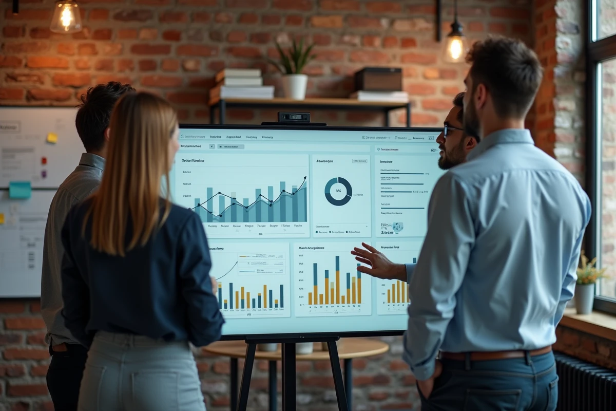 Équipe pluridisciplinaire collaborant sur une stratégie digitale globale autour d'un tableau de bord analytique