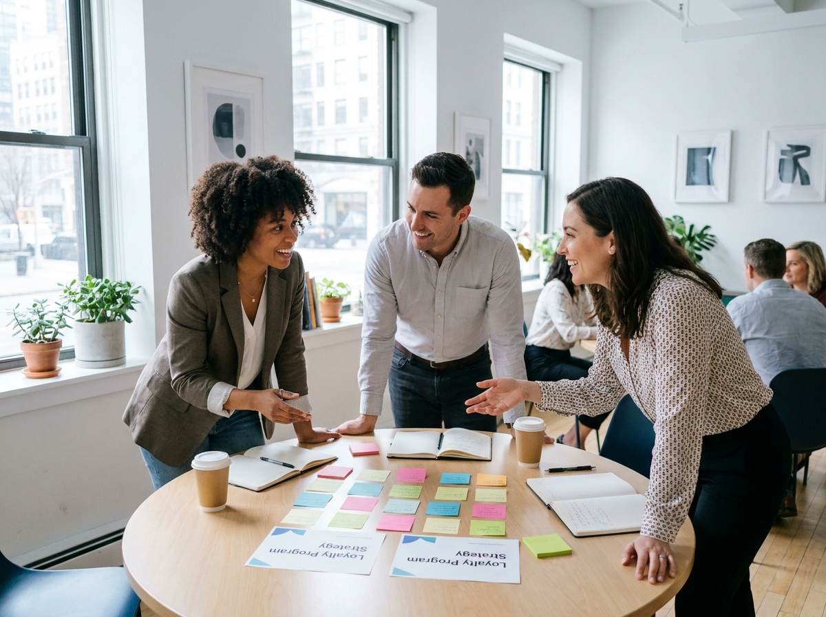 Équipe de professionnels collaborant autour d'une stratégie de fidélisation client dans un espace de co-working moderne, renforcement de la relation client pour stabiliser les revenus