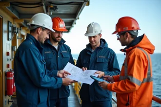 Ingénieurs offshore en discussion sur plateforme pétroliere