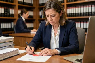 Femme professionnelle en blazer marine examinant un contrat signé avec un drapeau rouge indiquant une erreur de signature pour ordre
