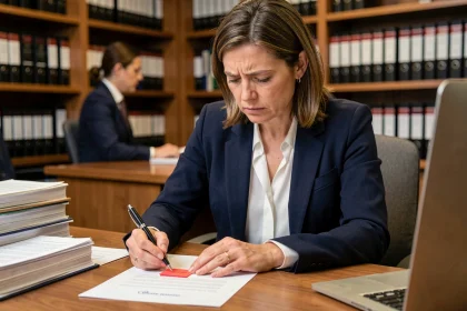 Femme professionnelle en blazer marine examinant un contrat signé avec un drapeau rouge indiquant une erreur de signature pour ordre