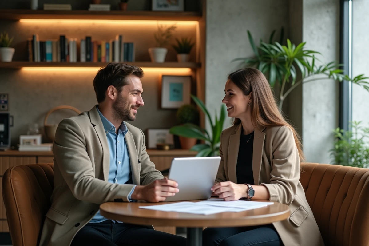 Deux professionnels du marketing évaluant ensemble la compétitivité des prix d'outils IA autour d'une table de café