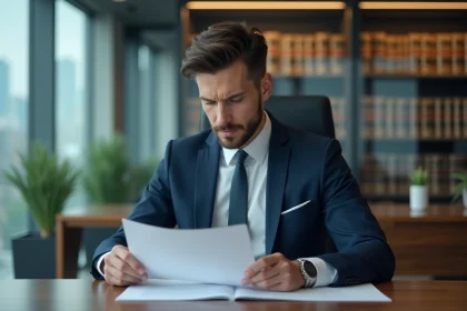 Homme executif en costume navy lisant documents au bureau