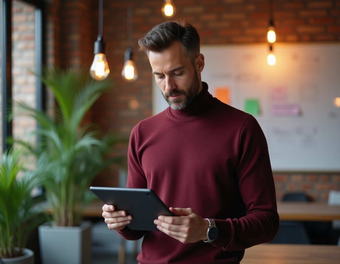Professionnel de la transformation digitale consultant une tablette avec des interfaces numériques dans un espace de coworking moderne