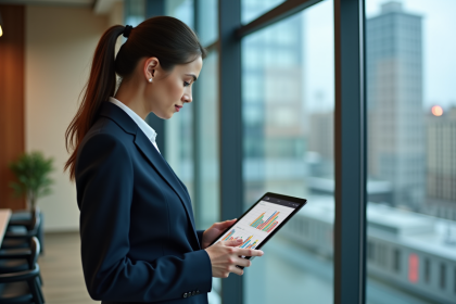 Femme d'affaires analysant des graphiques de marché modernes