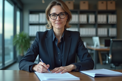 Femme d'affaires en costume bleu dans un bureau moderne