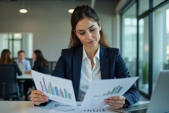 Femme d affaires en bureau avec graphiques financiers