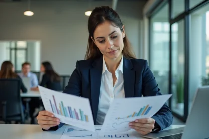 Femme d affaires en bureau avec graphiques financiers