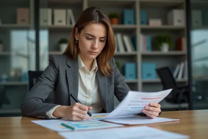 Femme d'affaires analysant des formulaires color&eacute;s au bureau