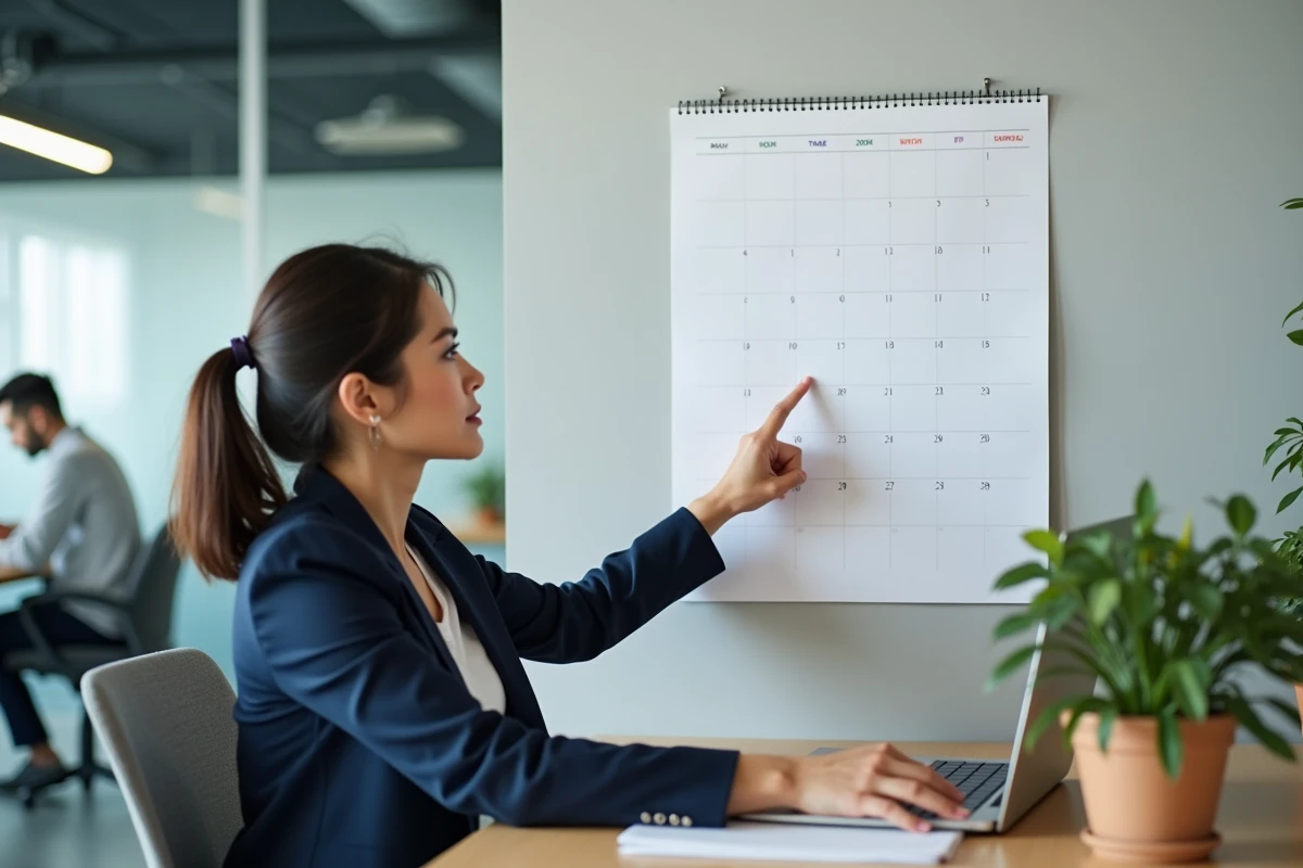 Femme en tenue professionnelle consultant un calendrier mural dans un bureau moderne pour vérifier les jours ouvrés et ouvrables