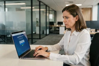Femme professionnelle bloquée sur un écran de connexion d'un compte La Poste GTM extra au bureau