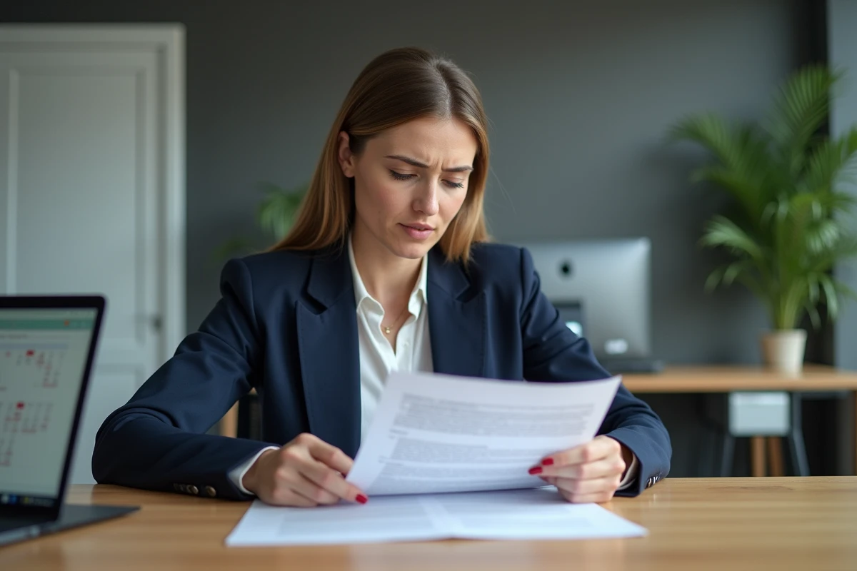 Femme au bureau examinant un contrat de travail à temps partiel pour calculer son préavis de démission