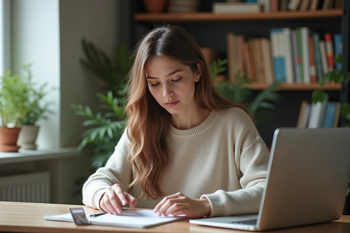 Jeune femme au bureau à domicile concentrée sur son ordinateur