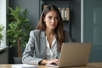 Femme en bureau professionnel travaillant sur un ordinateur portable