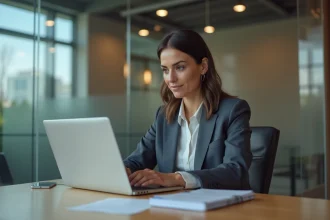 Femme professionnelle travaillant sur un ordinateur dans un bureau moderne