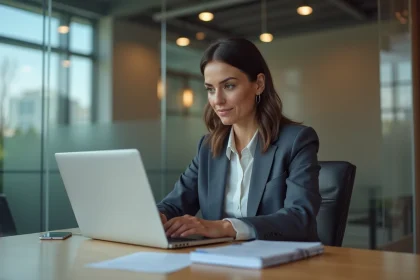 Femme professionnelle travaillant sur un ordinateur dans un bureau moderne
