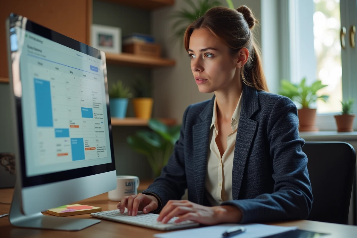 Femme concentr&eacute;e travaillant sur son ordinateur portable