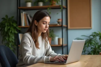 Femme concentrée travaillant sur son ordinateur dans un bureau moderne