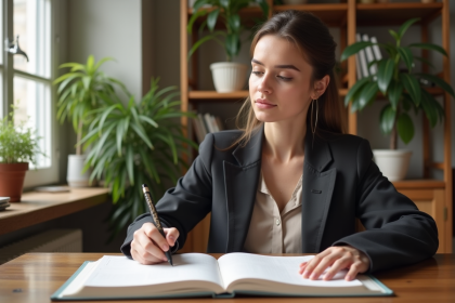 Jeune femme au bureau organisant son planning