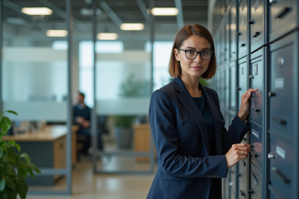 Femme professionnelle en bureau verrouillant un classeur