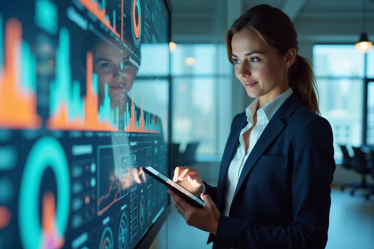 Femme professionnelle regardant un tableau interactif dans une salle de réunion
