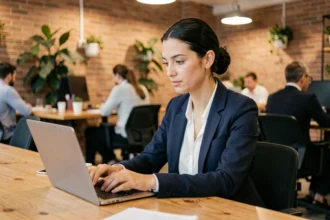 Femme travaillant dans un espace de coworking moderne à Antibes avec ordinateur portable et ambiance professionnelle