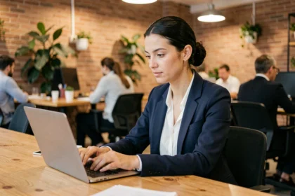 Femme travaillant dans un espace de coworking moderne à Antibes avec ordinateur portable et ambiance professionnelle