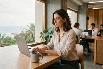 Femme travaillant dans un espace de coworking à Biarritz avec vue sur l'océan Atlantique