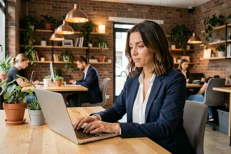 Femme travaillant en coworking à Nantes dans un espace moderne avec murs en briques et bureau en bois partagé