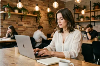 Femme travaillant dans un espace de coworking moderne à Rouen avec murs en briques apparentes