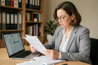 Femme consultant ses documents de déclaration fiscale URSSAF sur un bureau en bois à domicile