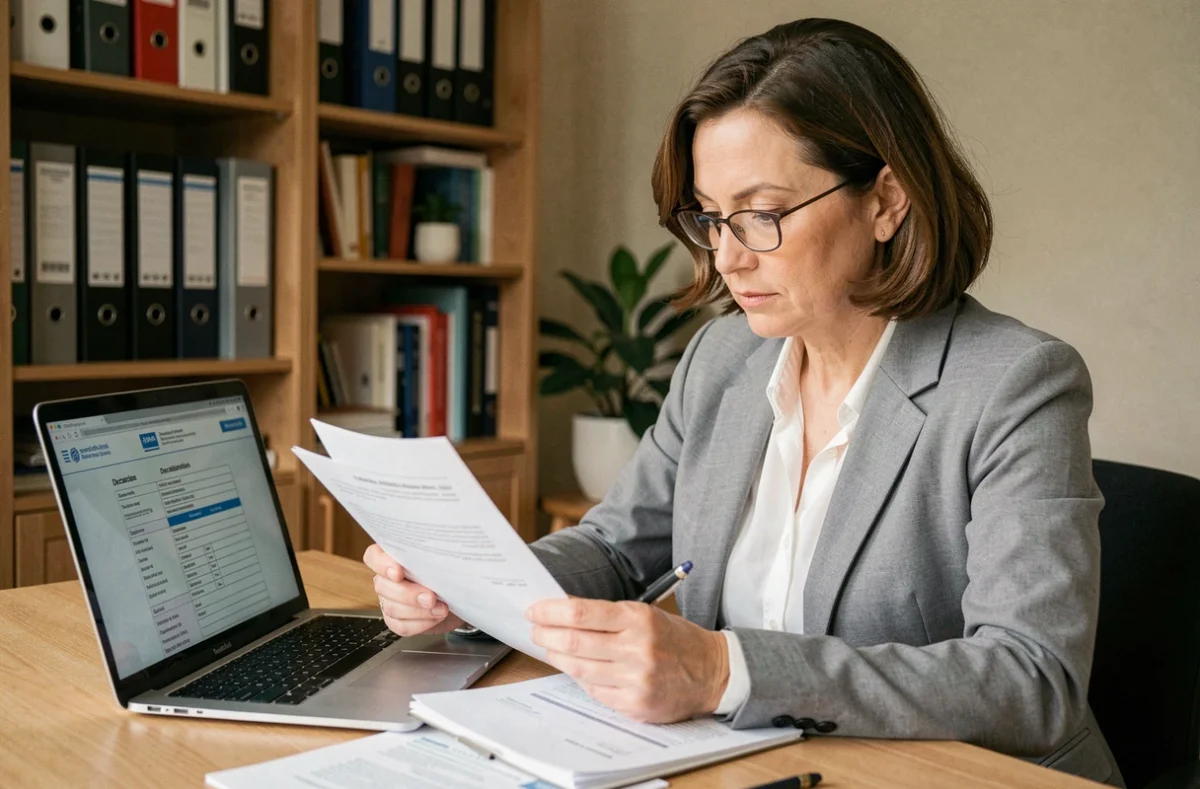 Femme consultant ses documents de déclaration fiscale URSSAF sur un bureau en bois à domicile