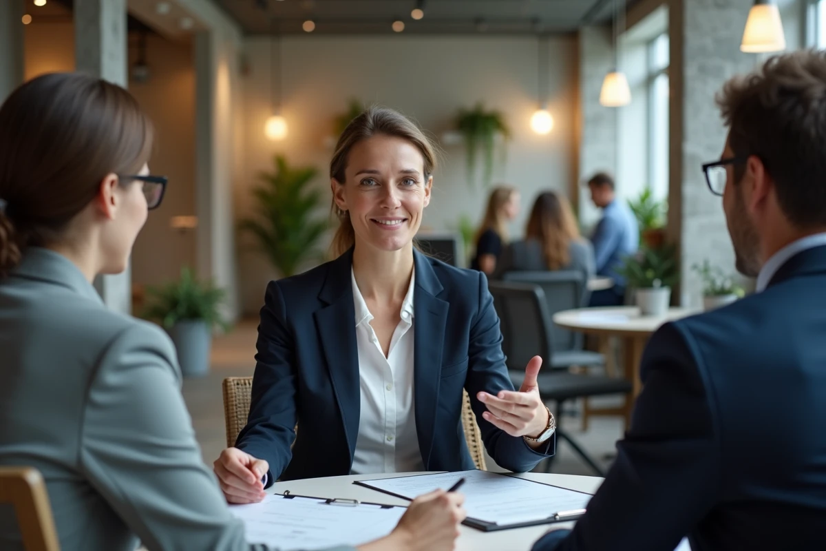 Femme cadre en blazer marine discutant d'un rapport avec des collègues dans un espace de travail moderne