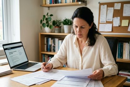Femme consultant des documents administratifs en retard sur un bureau à domicile