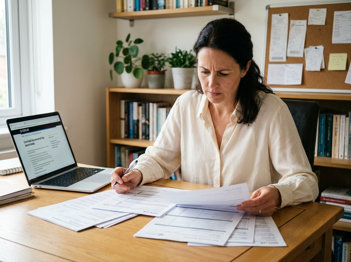 Femme consultant des documents administratifs en retard sur un bureau à domicile