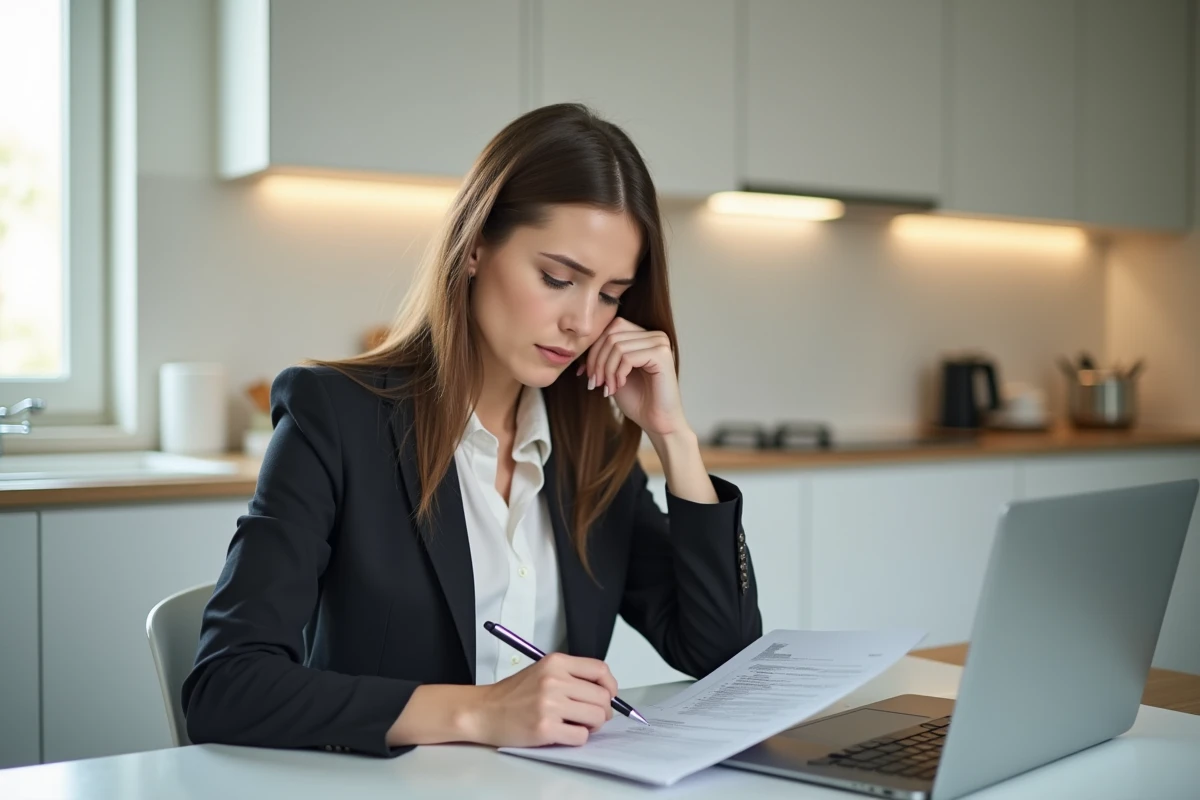 Femme consultant des documents administratifs liés au chômage après un licenciement pour faute grave, assise à une table de cuisine