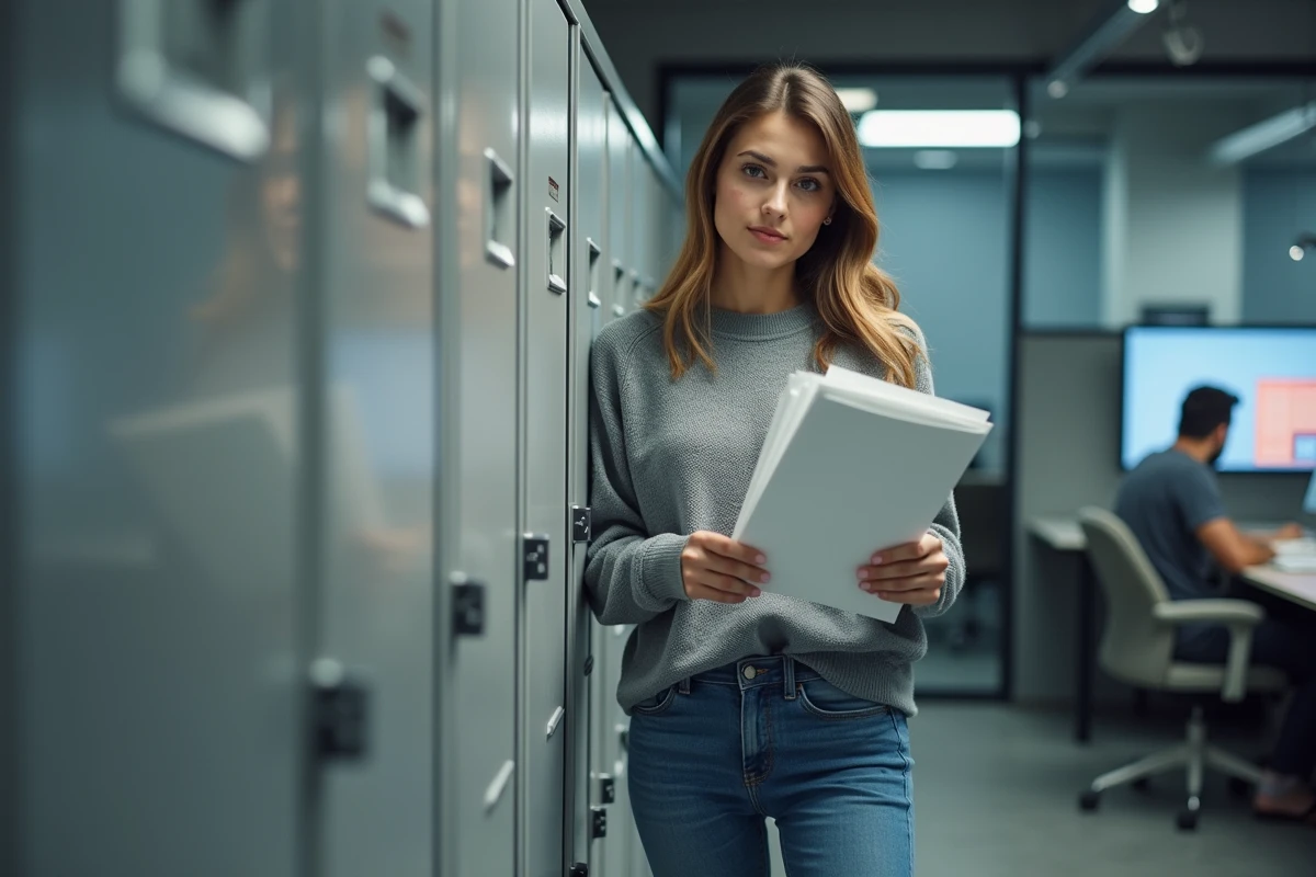 Jeune femme tenant des documents près d’un classeur sécurisé