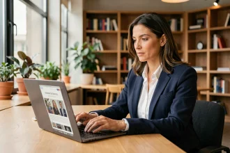 Femme cheffe d'entreprise consultant un site d'actualités PME sur son ordinateur portable dans un bureau moderne