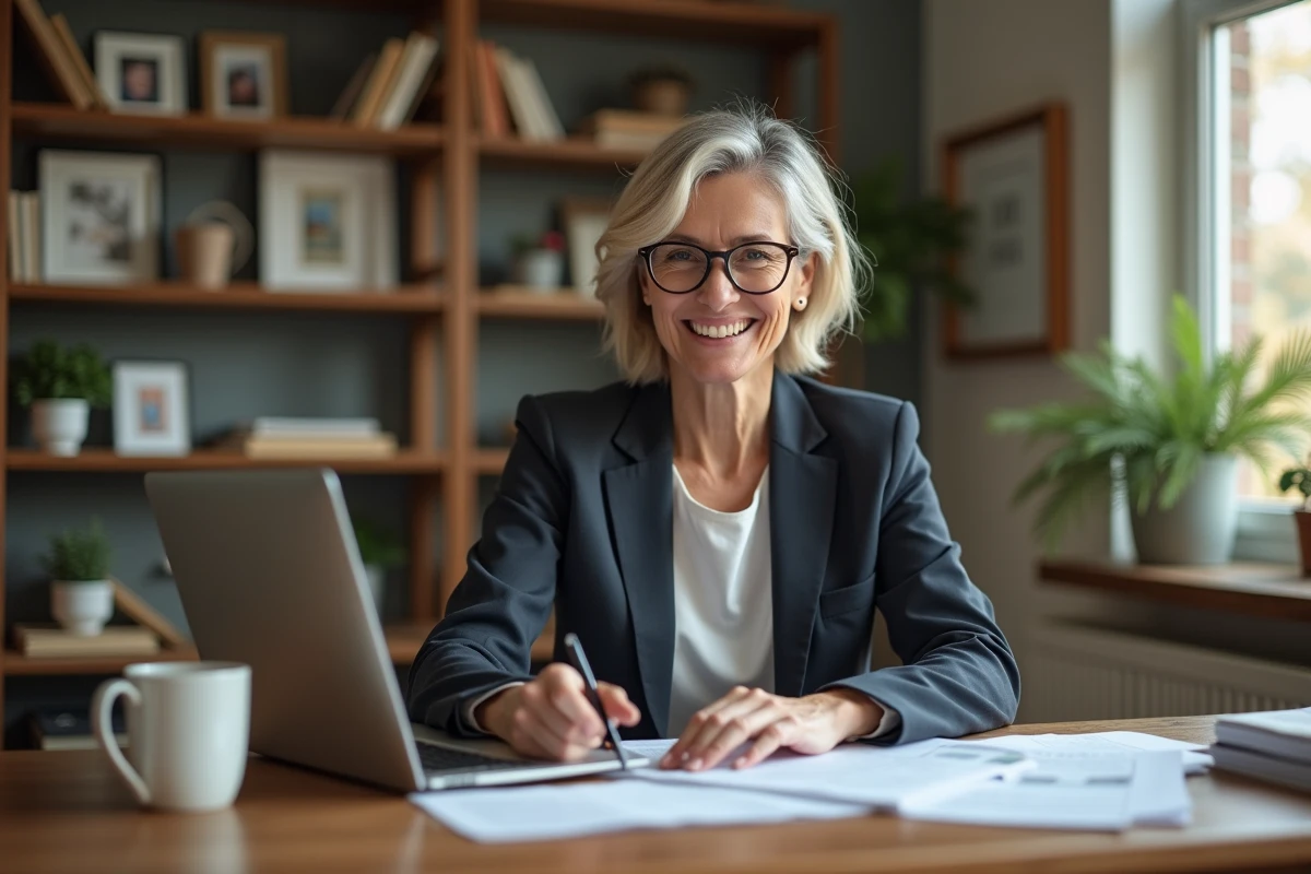 Femme entrepreneure souriante travaillant à son bureau à domicile
