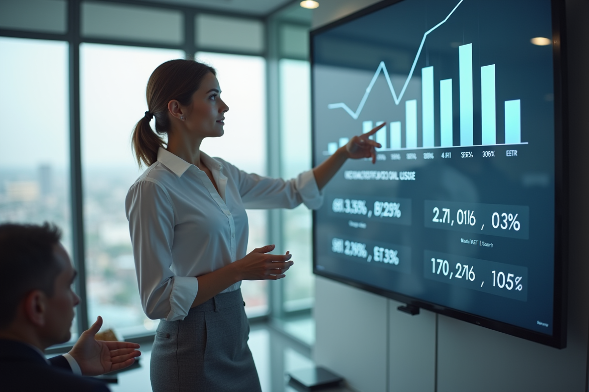 Femme executive en réunion avec graphique digital