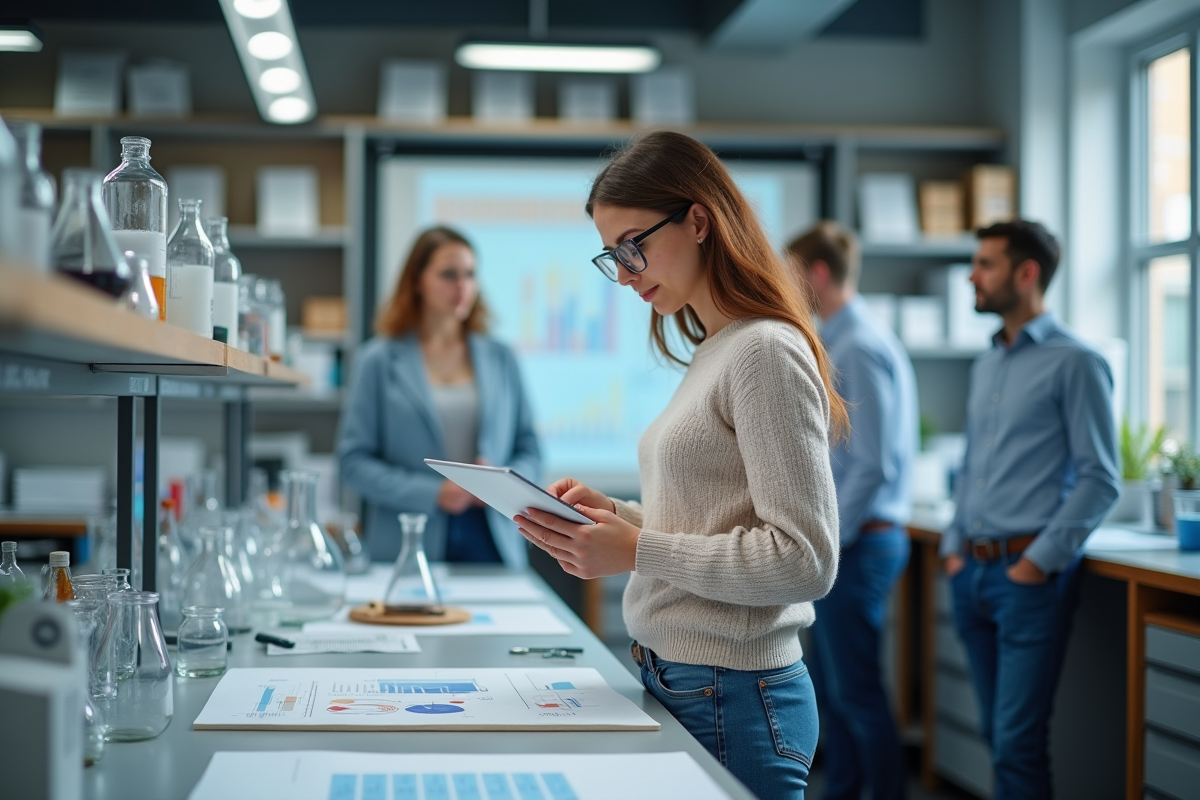 Jeune femme en laboratoire analysant des données