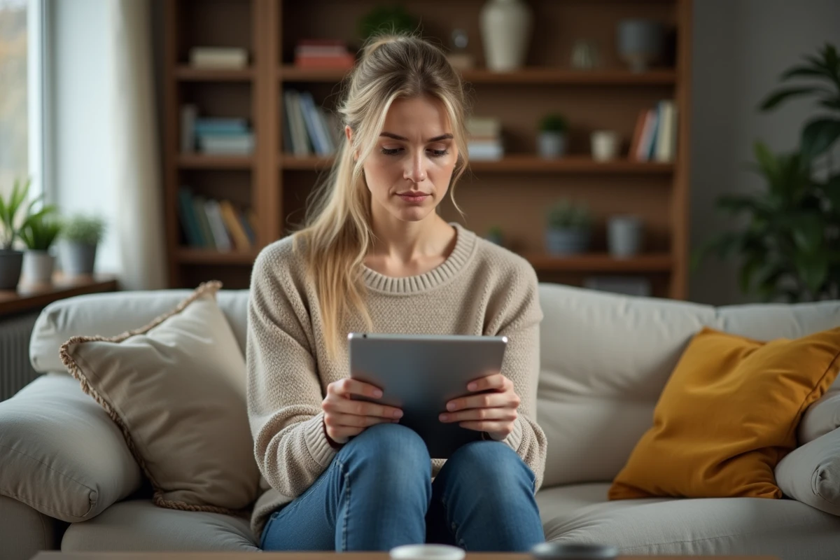 Jeune femme lisant une tablette dans un salon cosy à la maison