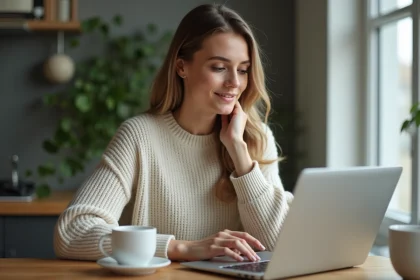 Femme assise à la cuisine naviguant sur un site local