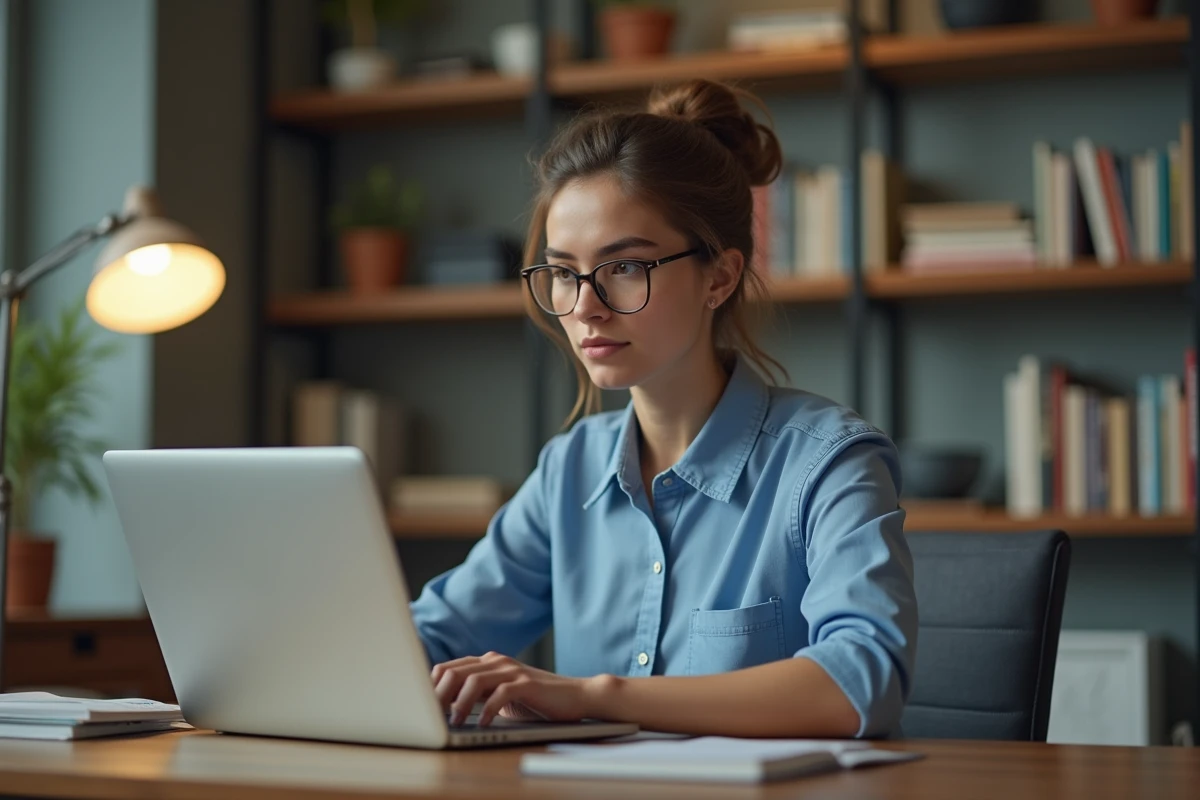 Jeune femme examine des avis produits sur son ordinateur