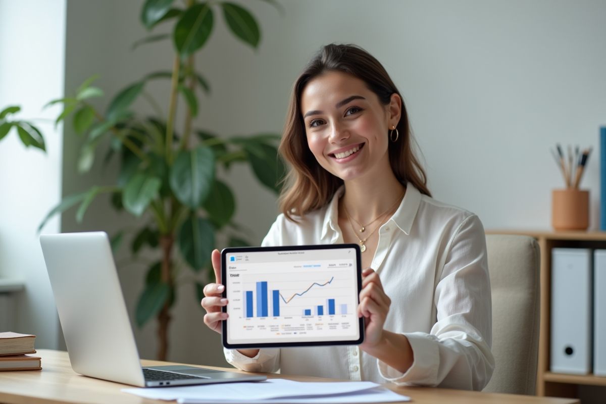 Jeune femme présentant un graphique de produits en ligne