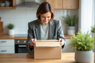 Femme ouvrant une boîte en carton dans une cuisine lumineuse