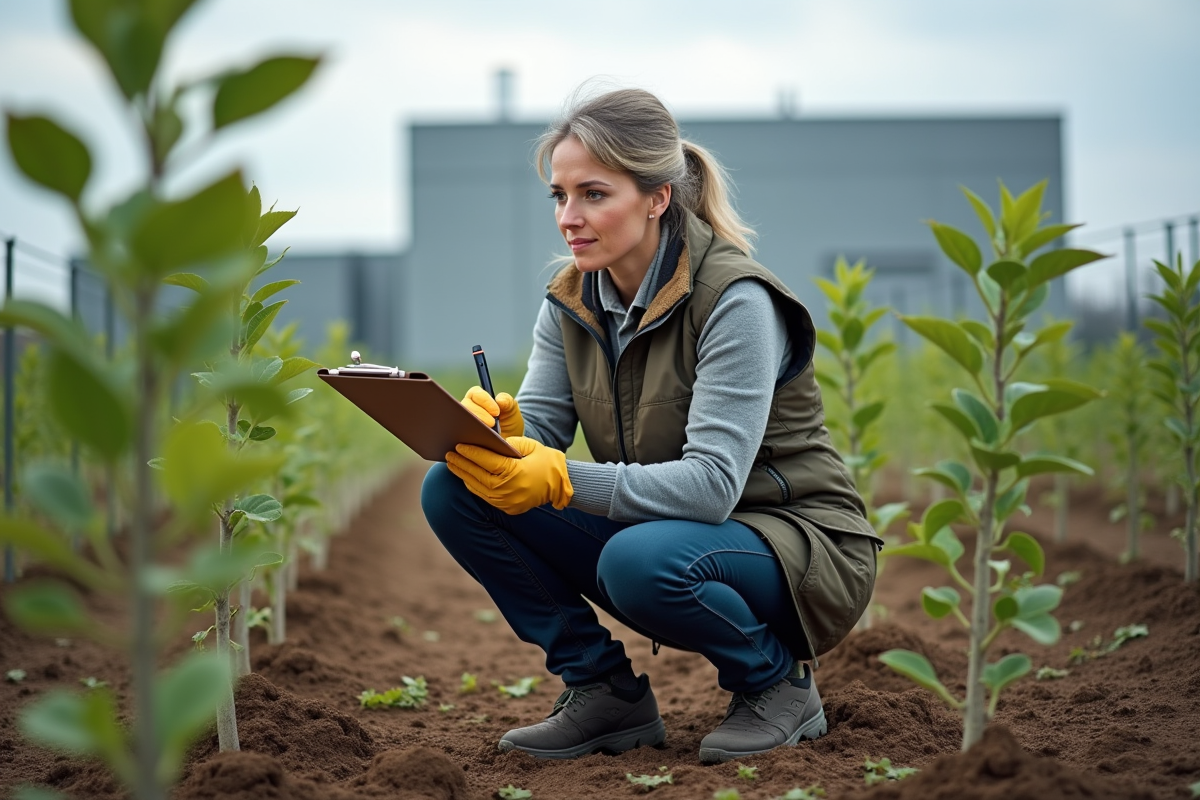 Femme en extérieur plantant des jeunes arbres avec un carnet