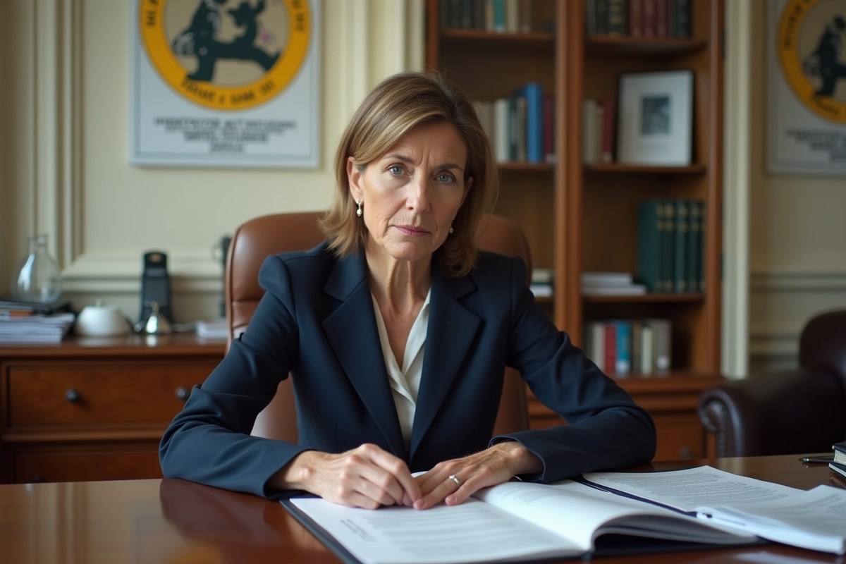 Femme politique française en tailleur navy en bureau officiel