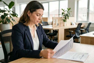 Femme professionnelle consultant des documents de propriété intellectuelle dans un bureau moderne