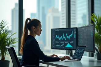 Jeune femme professionnelle analysant des graphiques sur ses écrans